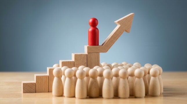A red wooden figure rising on an upward arrow above a crowd for business leadership.