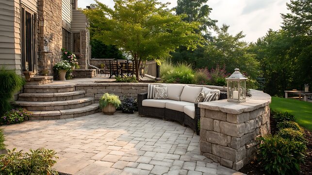 A luxury stone patio features a comfortable curved sofa and elegant lantern at sunset. Perfect for upscale backyard landscape design and outdoor living marketing.