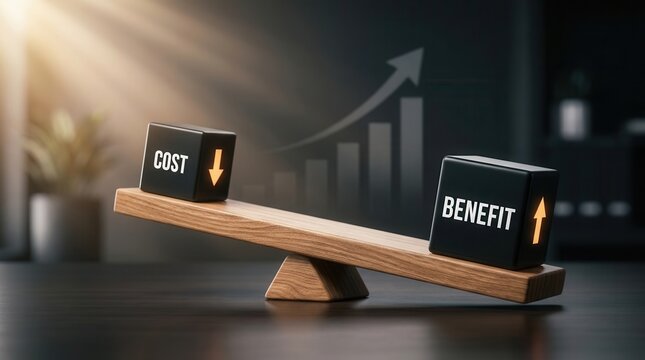 A wooden seesaw shows a corporate profit maximization and cost reduction strategy concept.