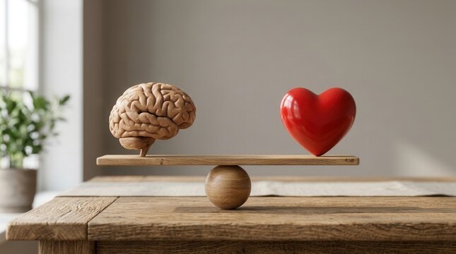 A wooden scale balancing a brain and a red heart representing business leadership and emotional intelligence.