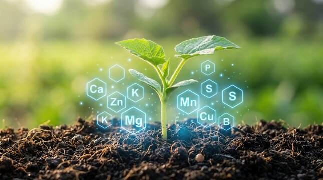 A young green sprout emerging from dark soil surrounded by glowing chemical elements.