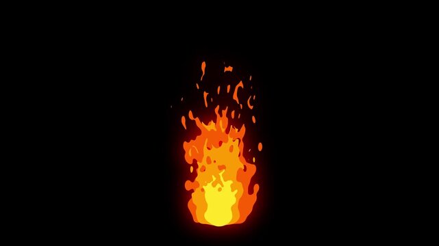 animated cartoon fire bonfire burst effect with sparks. stylized burning flame animation motion graphics element. 2d cartoon fire animation fx element on black background.