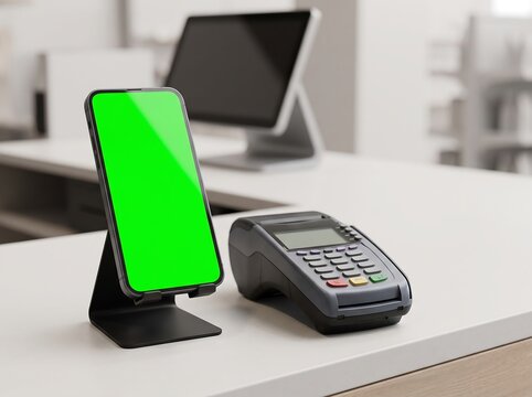 Smartphone Green Screen Mockup Beside POS Payment Terminal on Counter