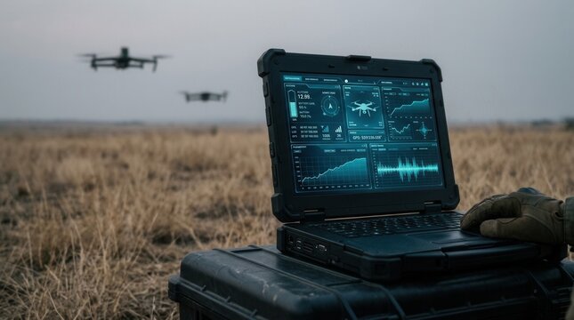 Advanced surveillance drones fly over a dry field as an operator monitors data on a laptop.