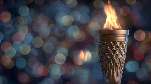 A glowing Olympic torch burns brightly against a festive bokeh background. This image symbolizes victory, sports spirit, and global unity for event celebrations.