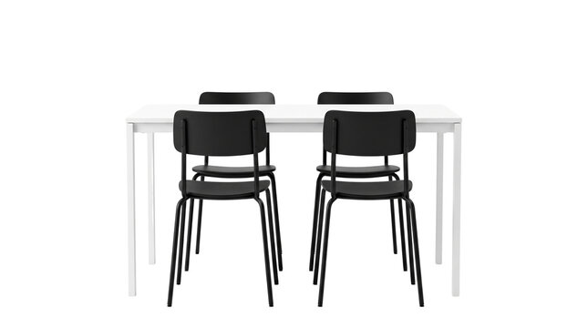 Minimalist dining set with white table and four black chairs, modern kitchen furniture on white background, contemporary interior design