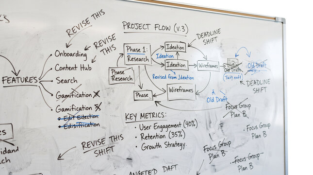 Project flow whiteboard brainstorm, hand drawn business strategy diagram, office planning session with key metrics and flowcharts