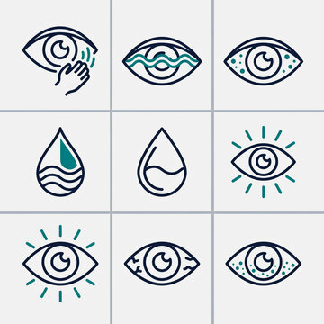 Set of eye health and ophthalmology icons representing vision symptoms and eye care