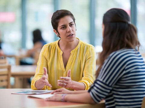 Multilingual advisor explains solar subscription to renter at library table
