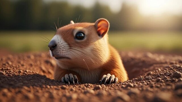 Close-up shot of a curious ground squirrel emerging from its burrow in the soft soil during a bright sunny day in nature