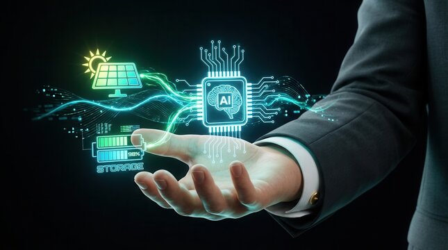 Artificial intelligence brain chip optimizing solar power and smart grid technology for renewable energy management.