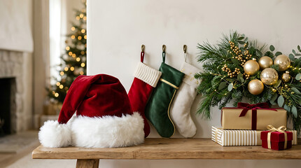 Fototapeta premium Santa Claus Sitting Beside a Festively Decorated Christmas Tree with Gifts for a Joyful Holiday Celebration in Winter Wonderland