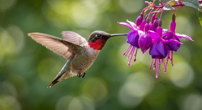 Hummingbird feeding on purple fuchsia flowers