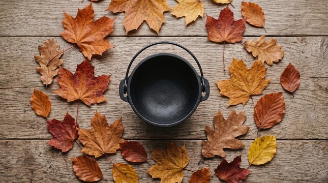 Autumn Leaves Cauldron Circle, Rustic Wood Background
