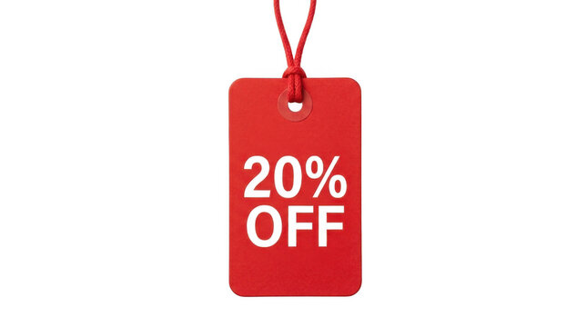 Red sale tag with twenty percent off text hanging on a string isolated on transparent background
