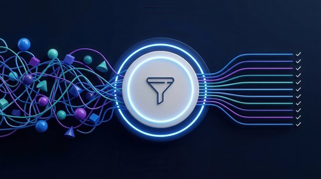 Chaotic colorful wires pass through a funnel hub to become organized straight lines with checkmarks for data filtering.