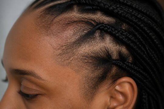 Close-up of traction alopecia hair loss from tight braids