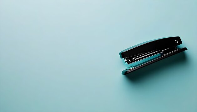 Minimalist close-up of an open black stapler on a light blue surface