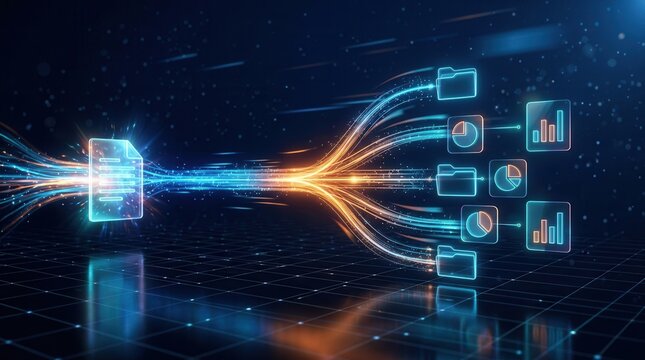 Digital document data extraction workflow transforming files into folders and analytics.