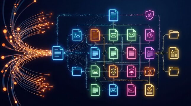 Digital document management system featuring glowing file icons and network mapping for cloud storage.
