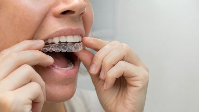 Woman removing clear orthodontic retainer from teeth