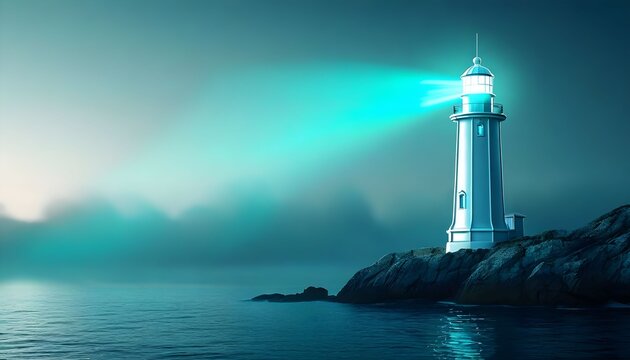 Mystical lighthouse glowing at dawn over tranquil rocky coastline with ethereal light beams