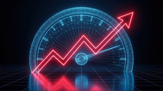Digital speedometer gauge featuring a red rising trend graph for performance and growth.