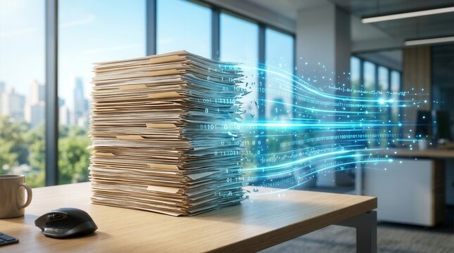 Digital transformation concept with paper documents converting into glowing digital data streams.