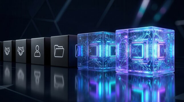 Digital transformation concept showing traditional business icons evolving into glowing futuristic microchip data cubes.