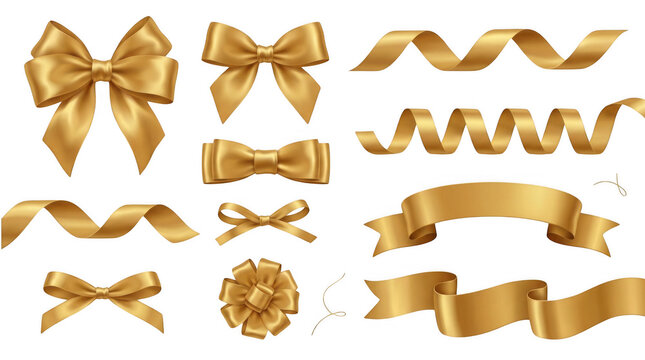 Set of golden silk ribbons and gift bows for holiday decoration isolated on transparent background