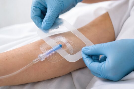 Nurse applying transparent film dressing to IV cannula site