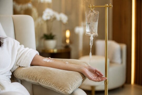 Woman receiving anti-aging IV drip therapy in luxury lounge