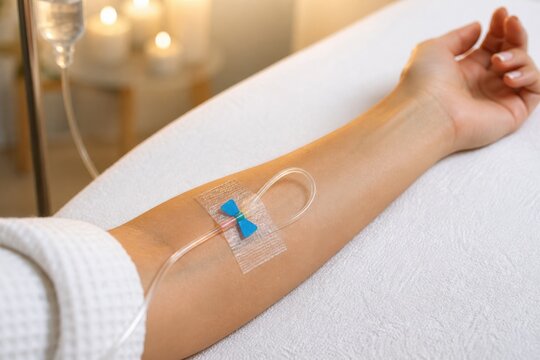 IV infusion butterfly needle on arm for wellness therapy