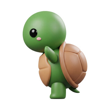 Cute 3D cartoon baby turtle character waving friendly hello isolated on transparent background perfect for children book illustration toy design and cheerful mascot project