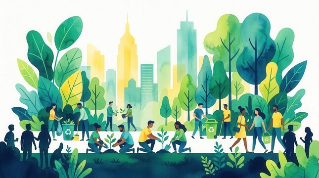Flat design illustration of corporate social responsibility with a sustainability theme.
