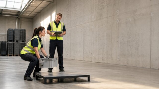 Employee practicing ergonomic lifting technique in warehouse