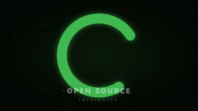 Minimalist open source logo symbol with glowing green circular design on dark space background