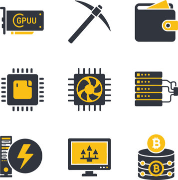 Set of cryptocurrency and blockchain mining technology icons.