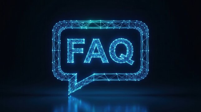 Futuristic FAQ icon glowing with vibrant blue light on a dark background.