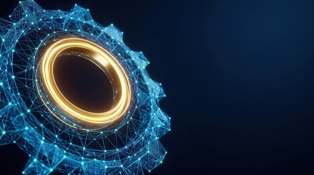 Futuristic gear symbol representing technology, innovation, and digital transformation.