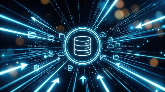 Glowing information network hub for data centralization and cloud computing.