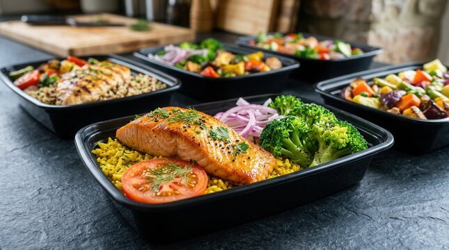 Healthy microwave meals in black boxed food containers.