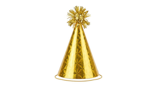 Shiny gold party hat with metallic fringe for birthday celebrations isolated on transparent background