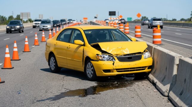 A damaged yellow sedan car crashed into a concrete highway barrier on a busy road with orange construction cones nearby during the daytime