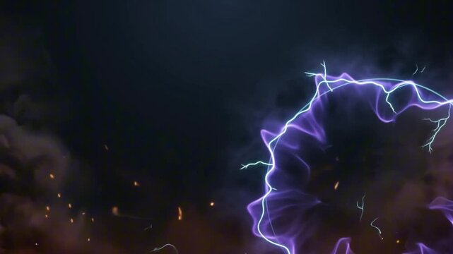 Vibrant plasma sphere generates brilliant purple lightning bolts within dark atmosphere creating energetic electrical discharge in this high quality video footage