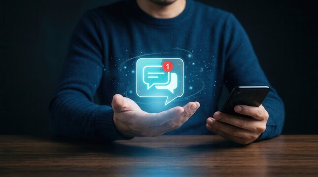 Man presenting a glowing holographic chat bubble with an unread notification badge for digital communication.