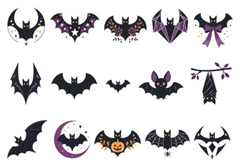 Fototapeta premium Collection of spooky halloween bats in various styles and designs on a white background