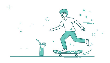 Active young man riding skateboard towards iced beverage glass with straw and lemon slice linear vector illustration