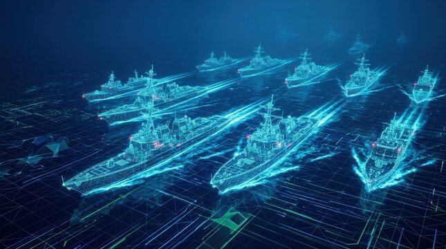Modern warships sail in formation across a glowing digital sea.