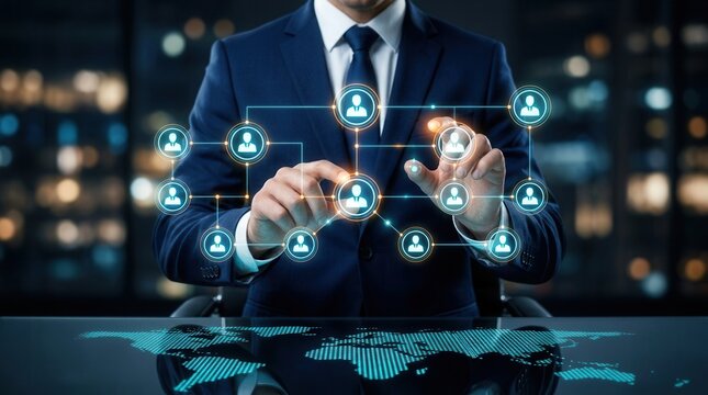 Organizational leadership and team network concept with business hierarchy interface.